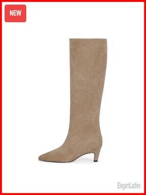 Kitten Heel Knee High Boots Square Toe Faux Suede Tall Boots